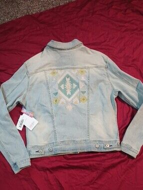 LuLaRoe Light Wash Denim Jean Jacket Pastel Embroidery New NWT Woman's L Unique